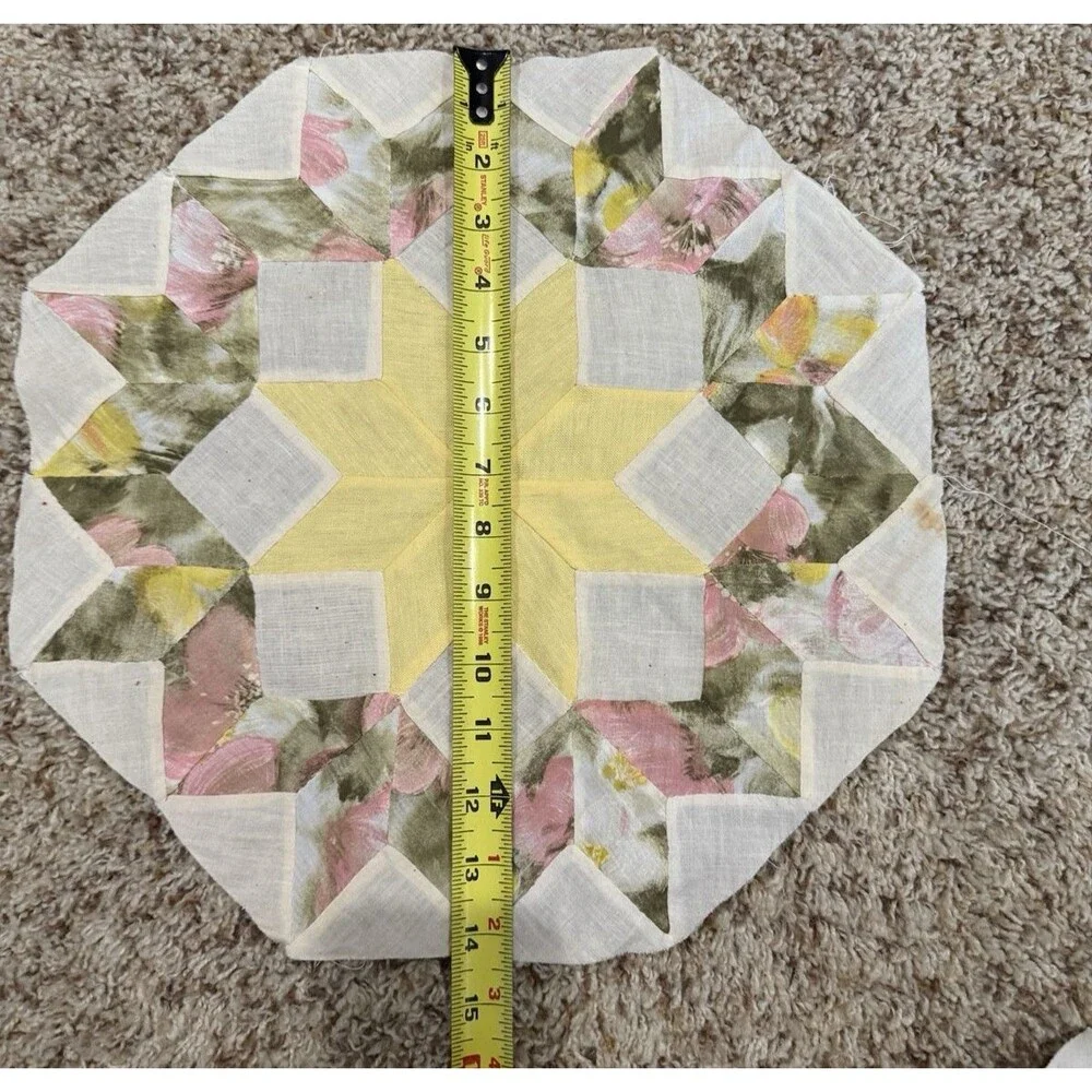 Vintage Hand Pieced Quilt Block Orphan Square 8-Point Star yellow/pink/green 14
